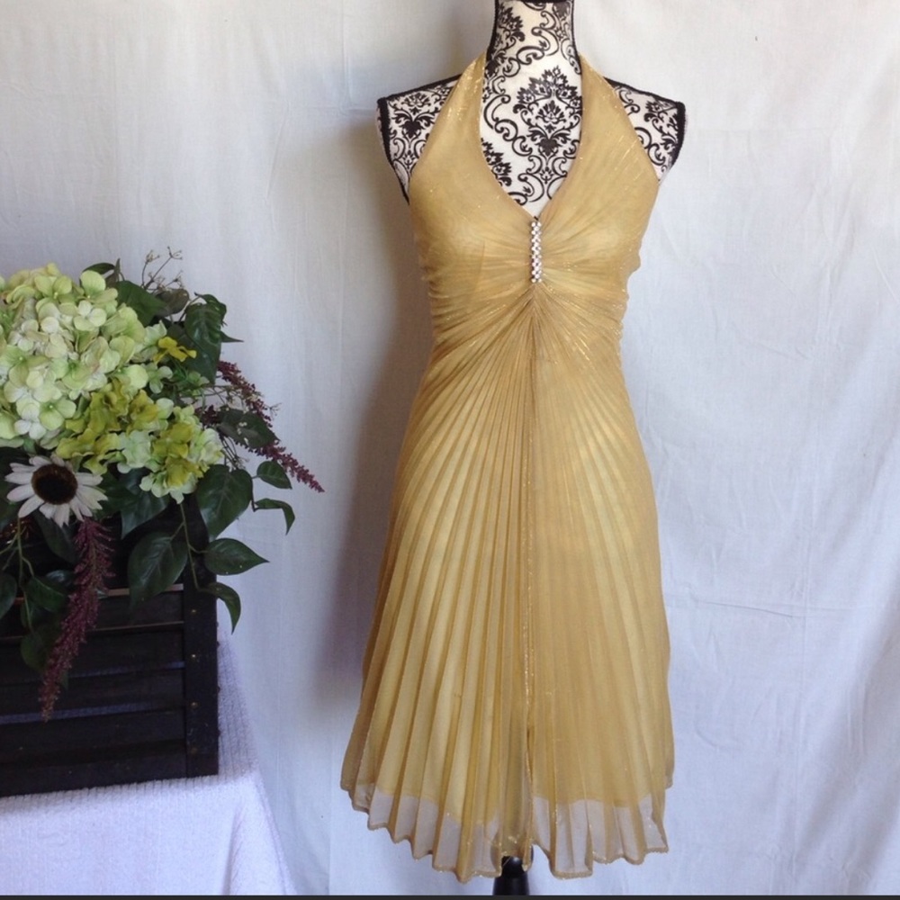 Gold Shimmer Pleated Halter Dress